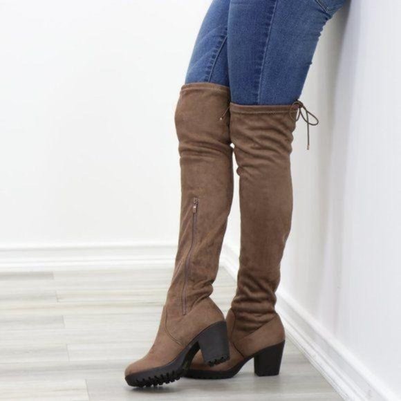 Taupe Thigh High Suede Boots Lug Chunky Heel - Picture 5 of 15